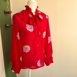 Vintage 70s 80s Red and Pink Floral Tie Front Bow Blouse